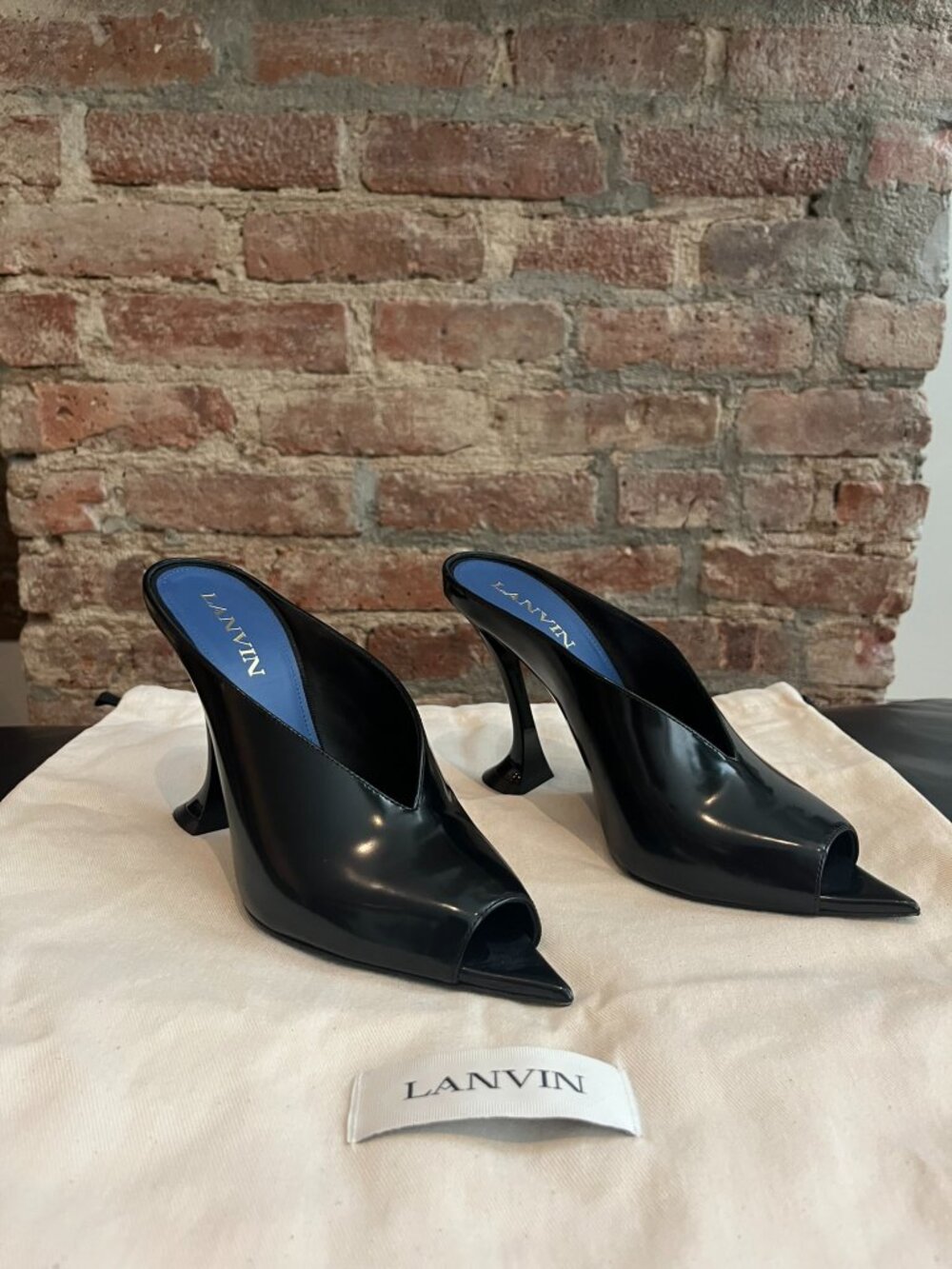 Lanvin Black Leather Pointed V-Vamp Sculptural Heel Mules